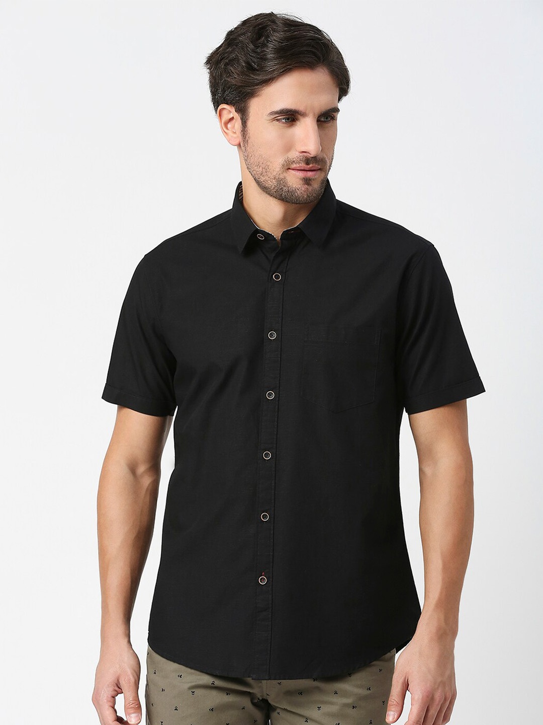 

DRAGON HILL Slim Fit Spread Collar Cotton Shirt, Black