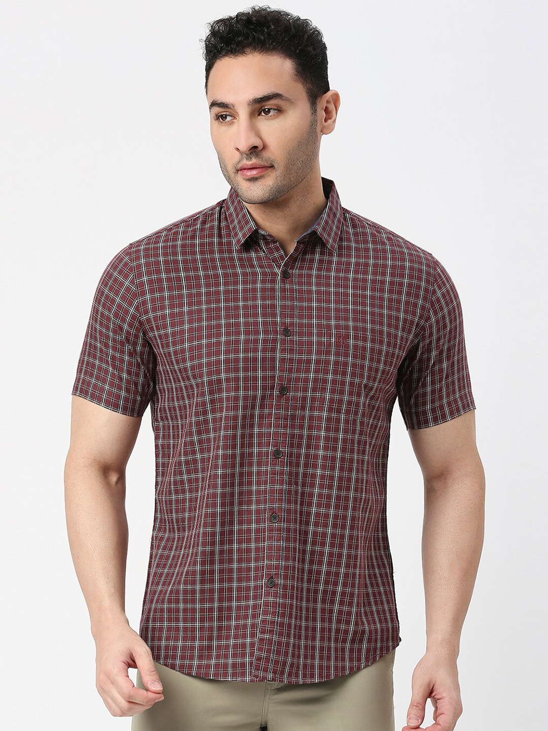 

DRAGON HILL Slim Fit Checked Cotton Casual Shirt, Maroon