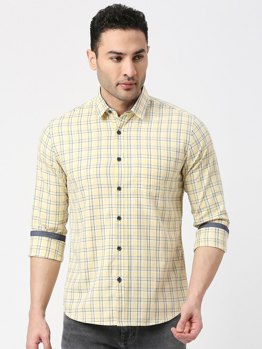 

DRAGON HILL Slim Fit Grid Tattersall Checks Cotton Casual Shirt, Yellow