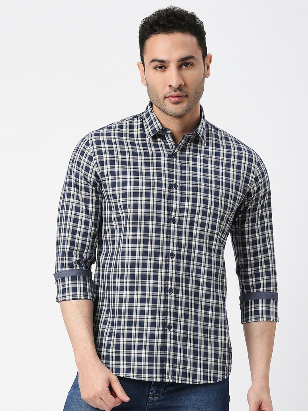 

DRAGON HILL Slim Fit Checked Cotton Casual Shirt, Navy blue