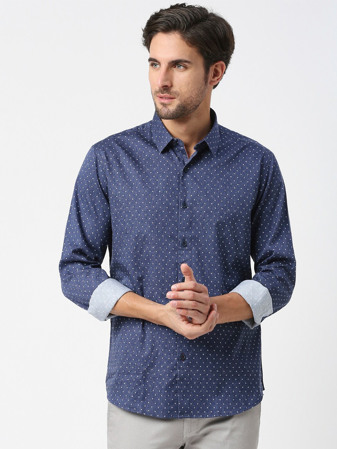 

DRAGON HILL Slim Fit Geometric Printed Cotton Satin Casual Shirt, Blue