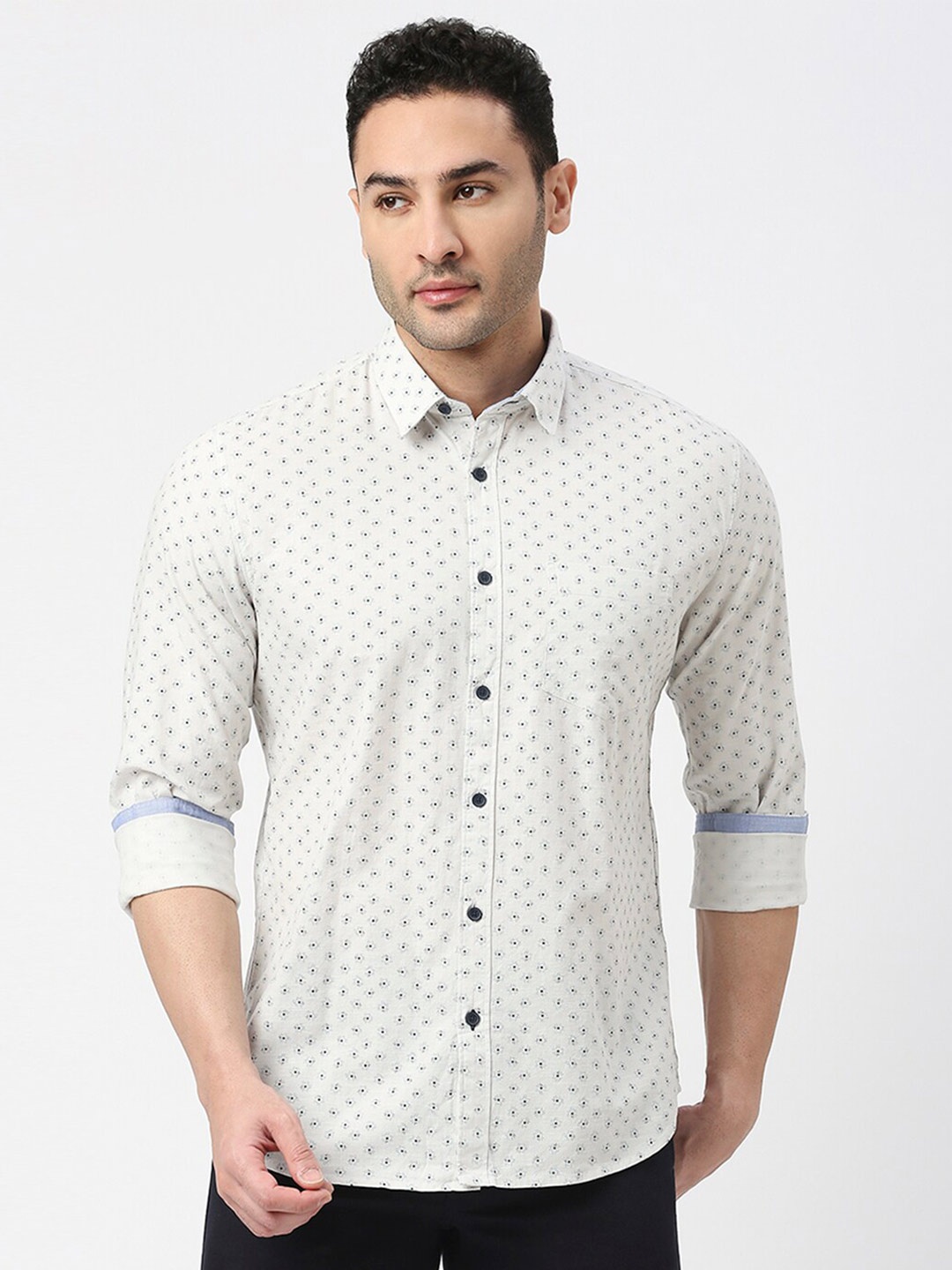 

DRAGON HILL Slim Fit Floral Printed Cotton Casual Shirt, White