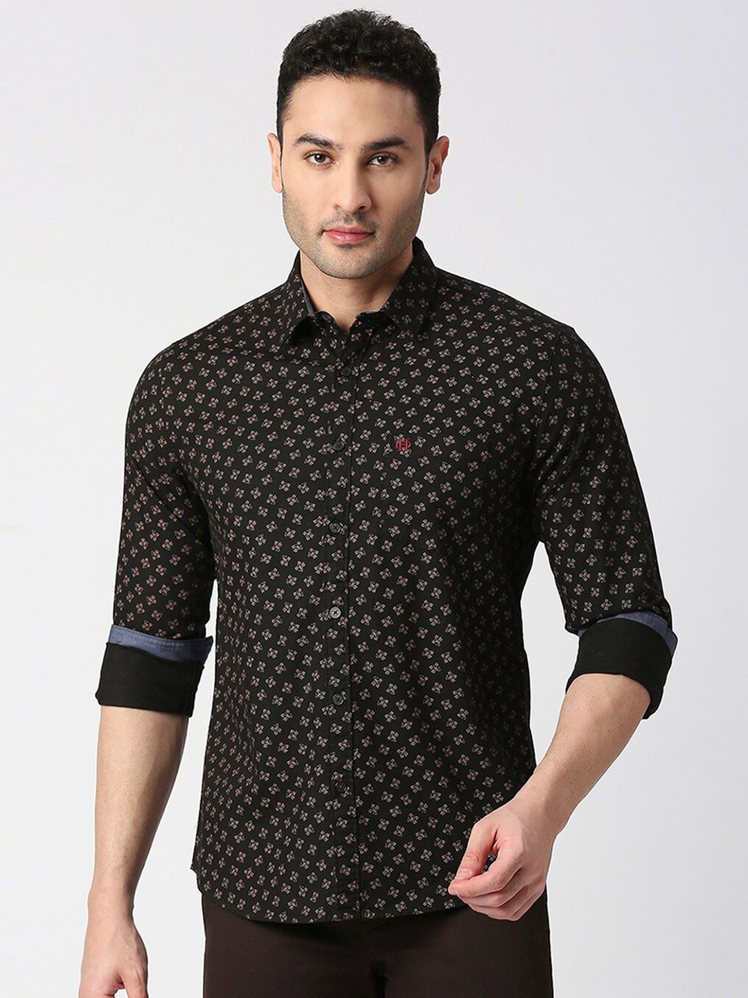 

DRAGON HILL Floral Micro Ditsy Printed Slim Fit Cotton Casual Shirt, Black
