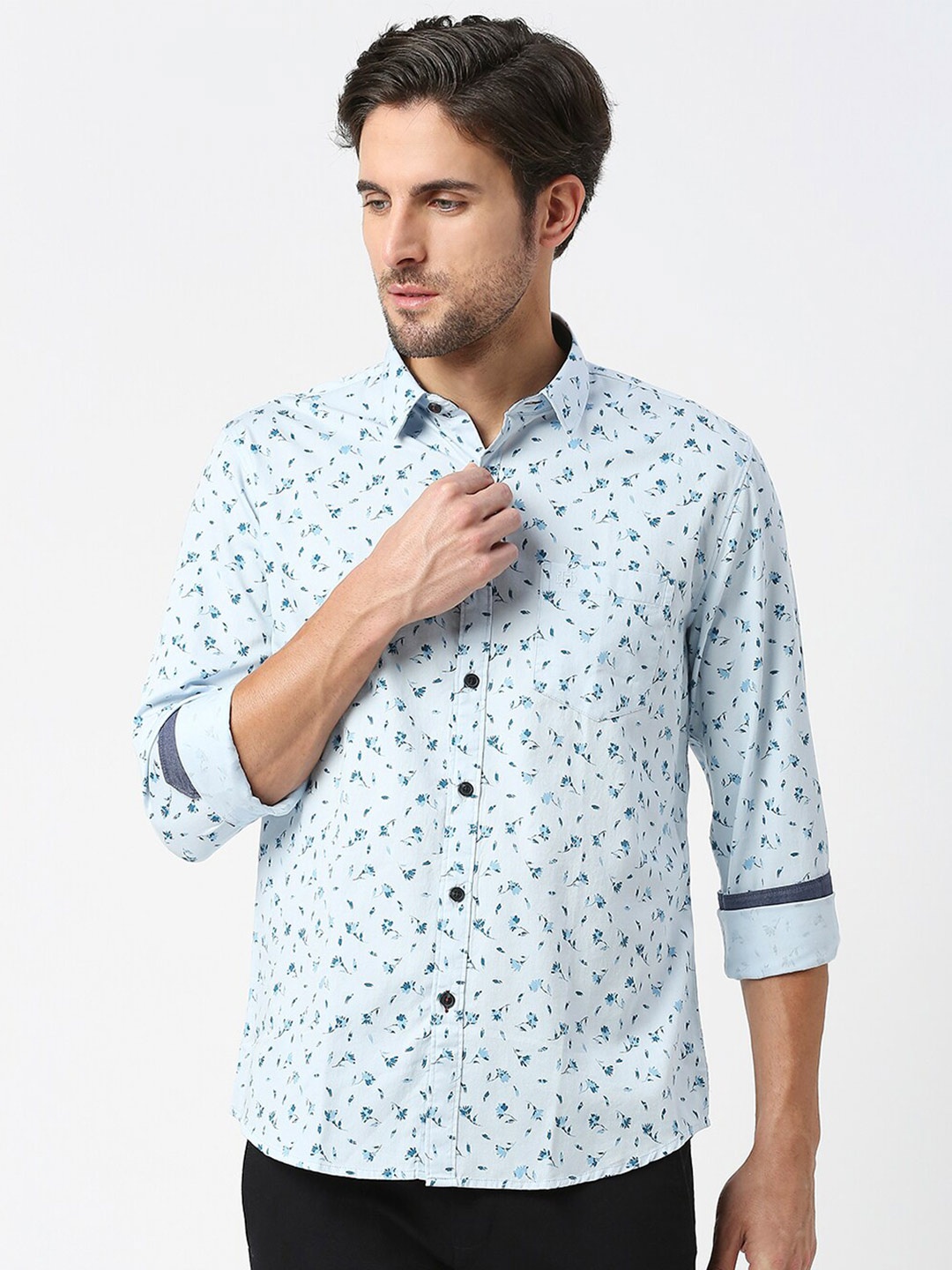 

DRAGON HILL Slim Fit Floral Opaque Printed Casual Cotton Shirt, Blue