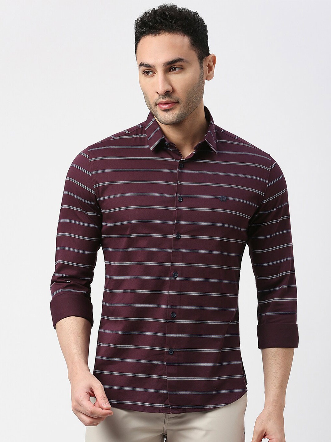 

DRAGON HILL Slim Fit Horizontal Striped Casual Shirt, Maroon
