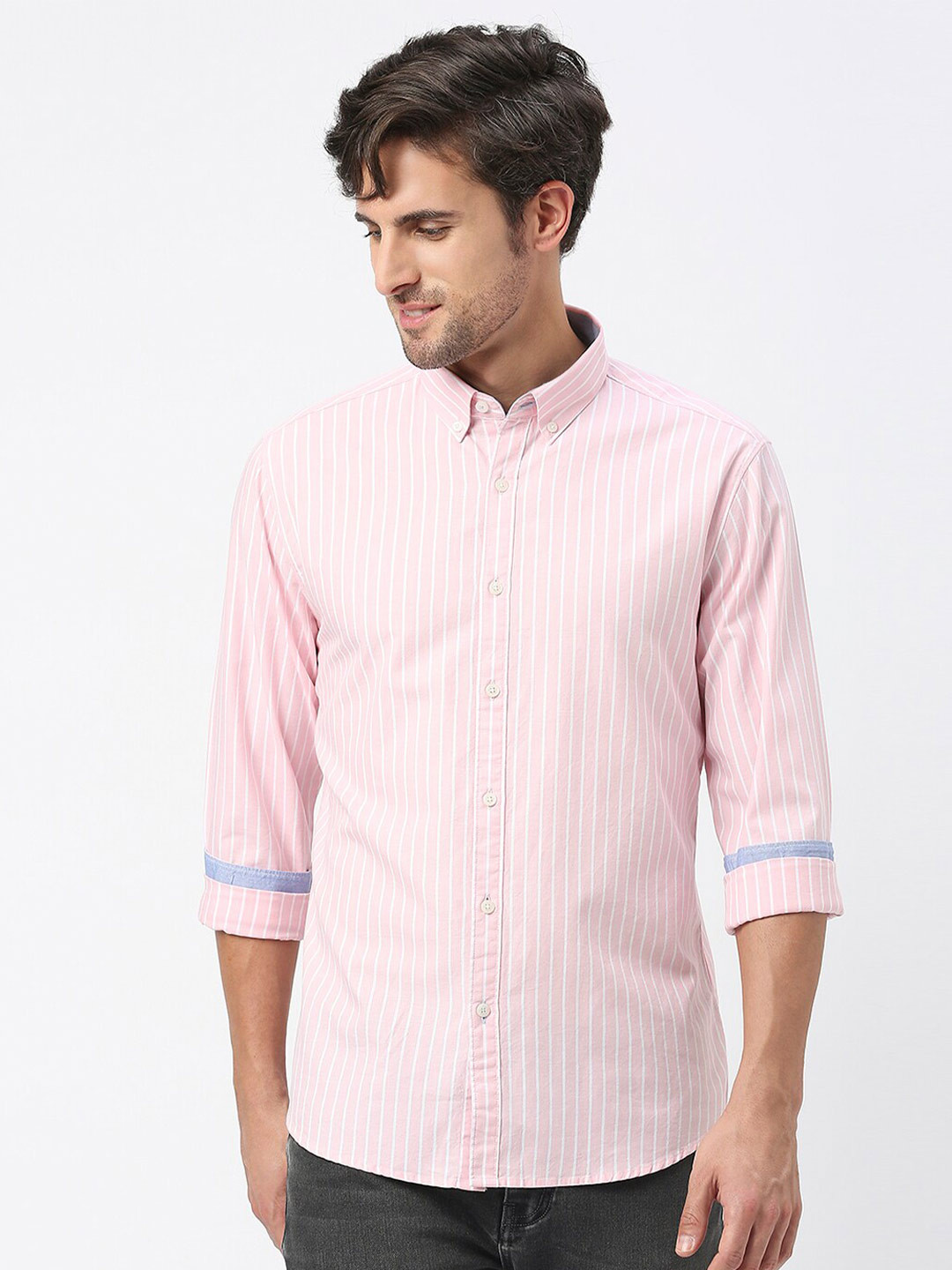 

DRAGON HILL Slim Fit Vertical Striped Button-Down Collar Oxford Cotton Casual Shirt, Pink