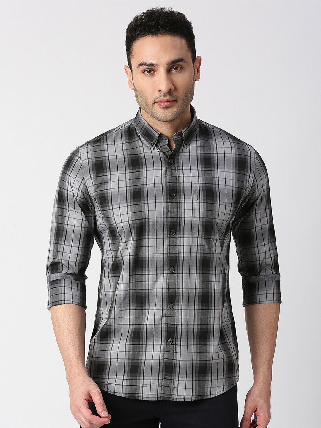 

DRAGON HILL Slim Fit Tartan Checks Cotton Casual Shirt, Grey
