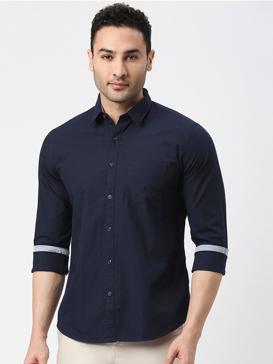 

DRAGON HILL Spread Collar Slim Fit Opaque Casual Cotton Shirt, Navy blue