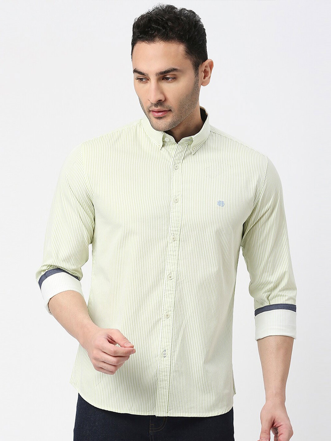 

DRAGON HILL Slim Fit Striped Button-Down Collar Cotton Casual Shirt, Green