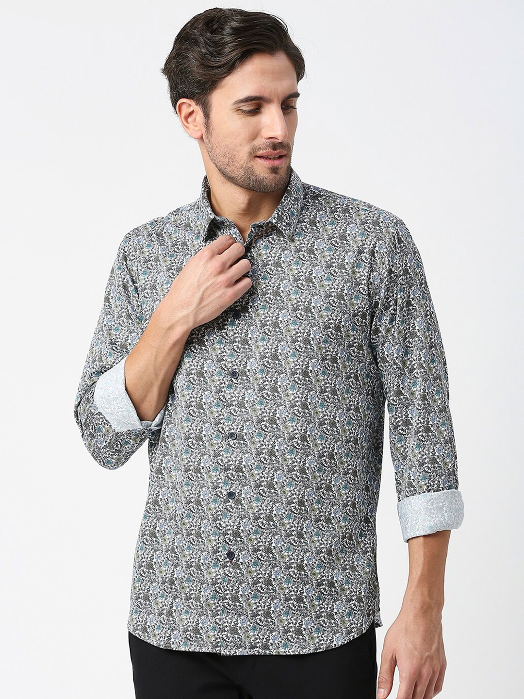 

DRAGON HILL Floral Printed Slim Fit Cotton Casual Shirt, Grey