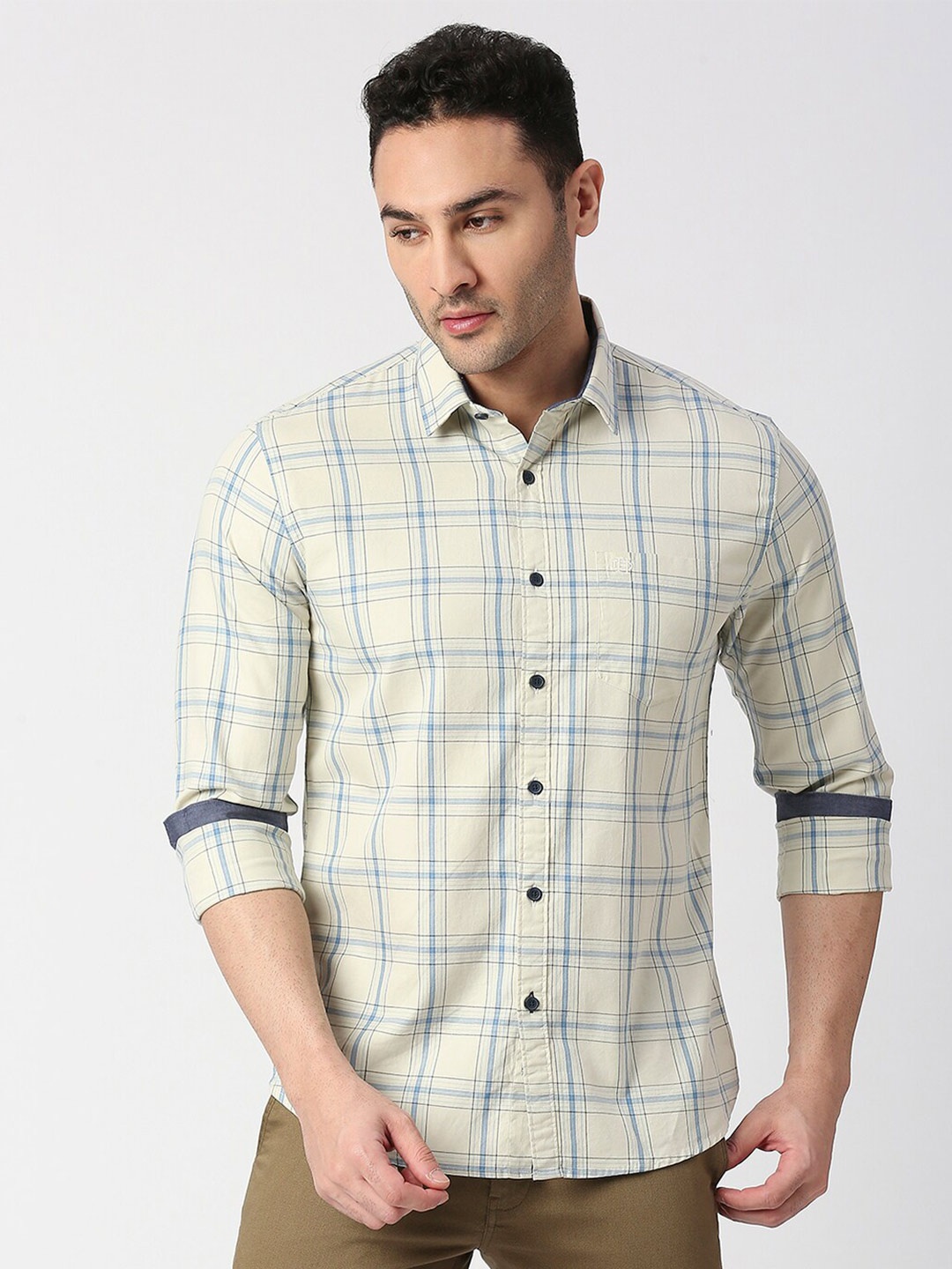 

DRAGON HILL Tartan Checked Slim Fit Twill Pure Cotton Casual Shirt, Cream