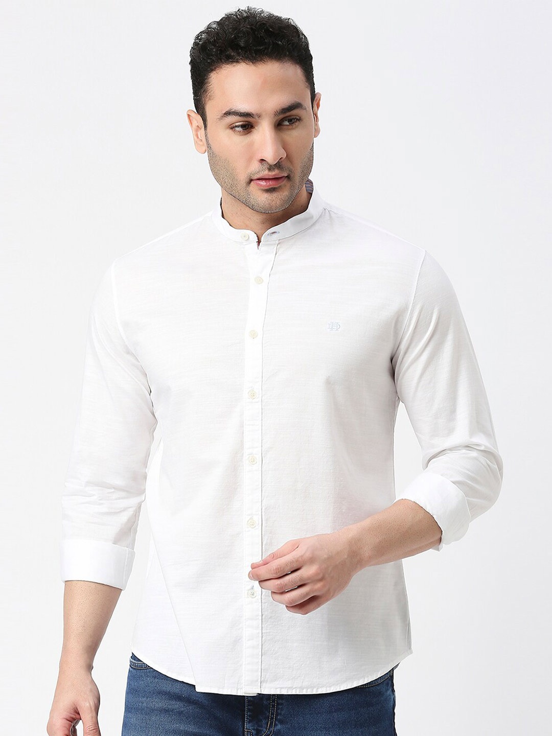 

DRAGON HILL Slim Fit Mandarin Collar Cotton Casual Shirt, White