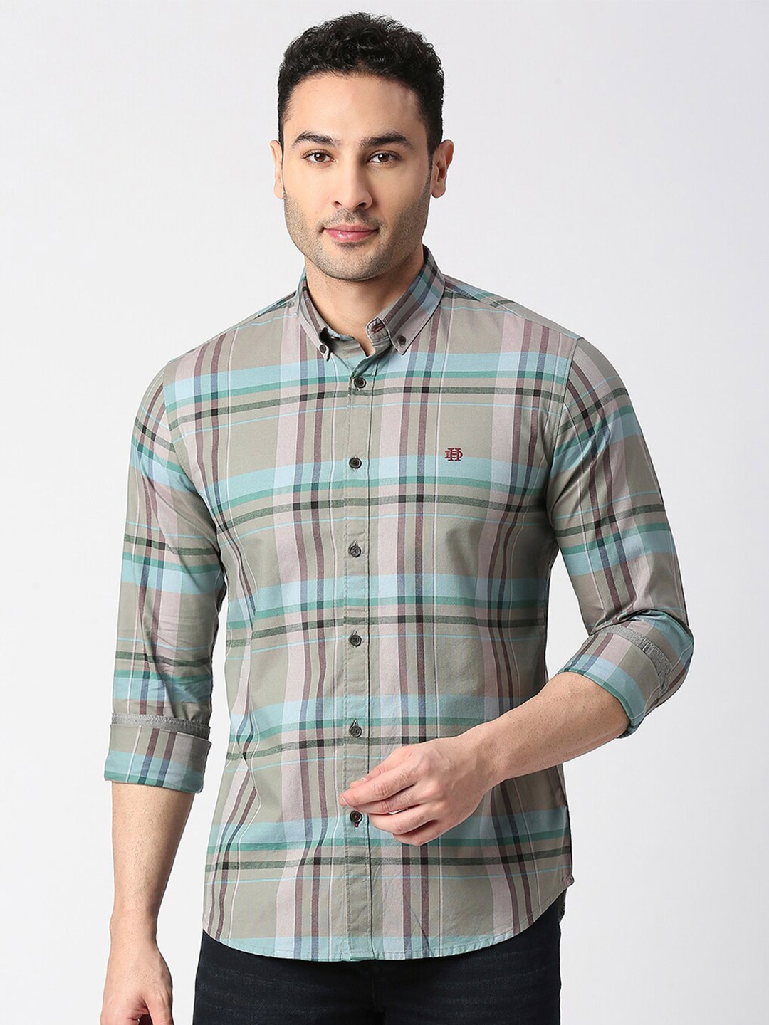 

DRAGON HILL Slim Fit Checked Button-Down Collar Cotton Casual Shirt, Green