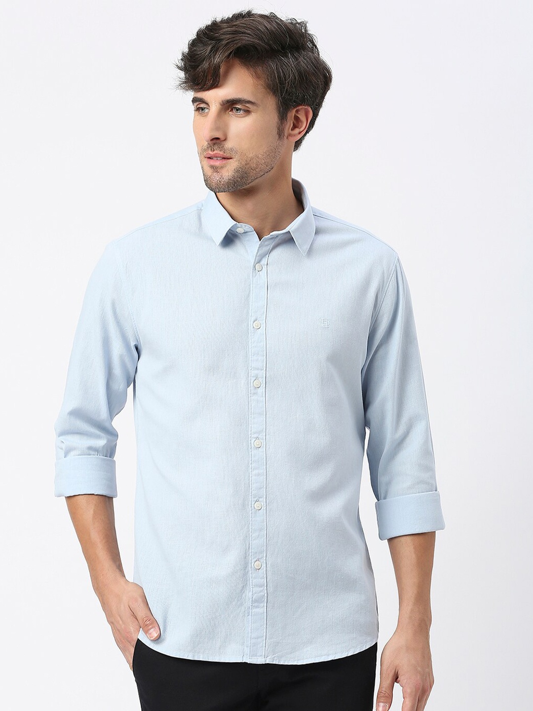 

DRAGON HILL Spread Collar Slim Fit Cotton Linen Casual Shirt, Blue