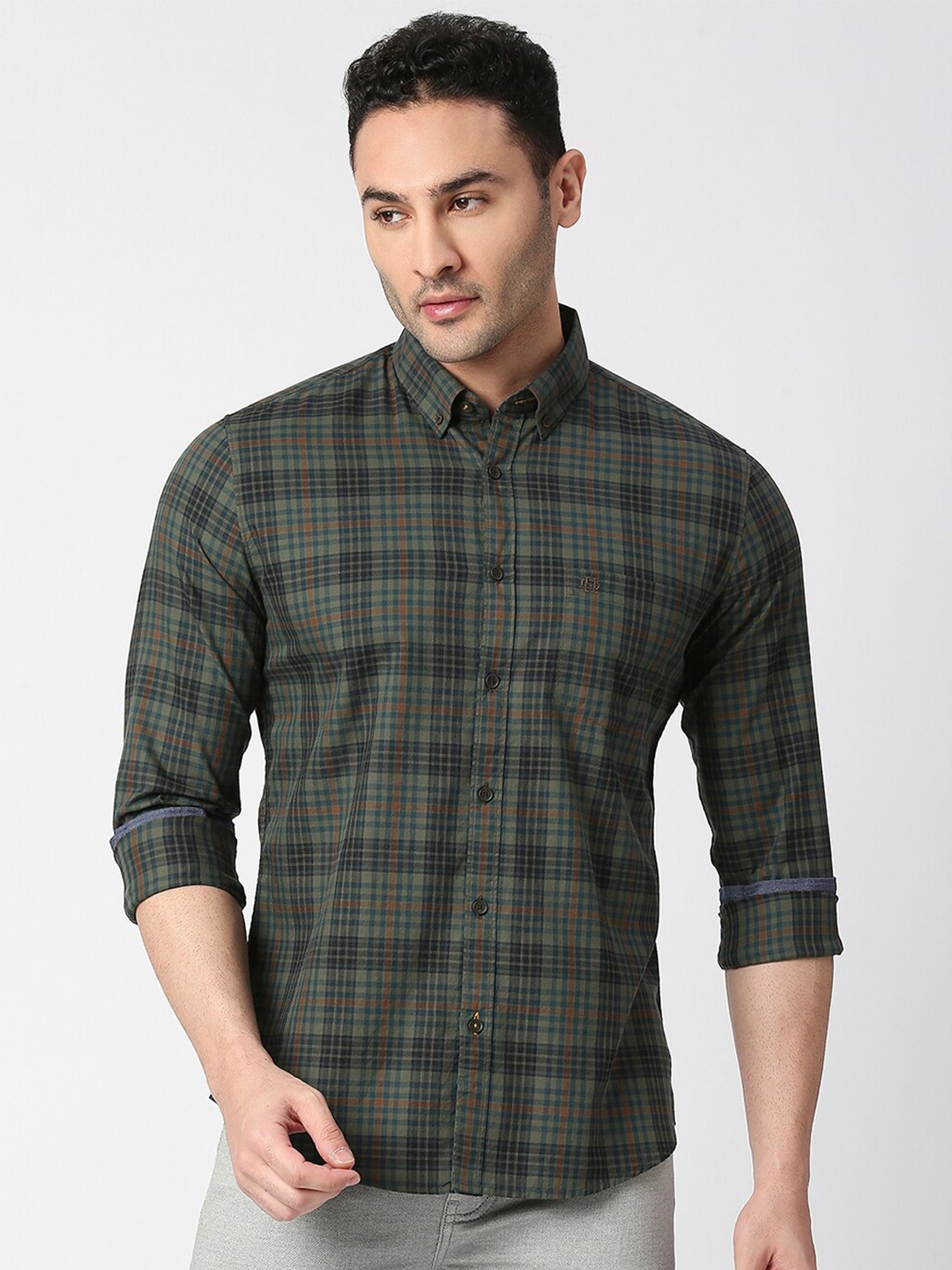 

DRAGON HILL Slim Fit Tartan Checks Cotton Casual Shirt, Green