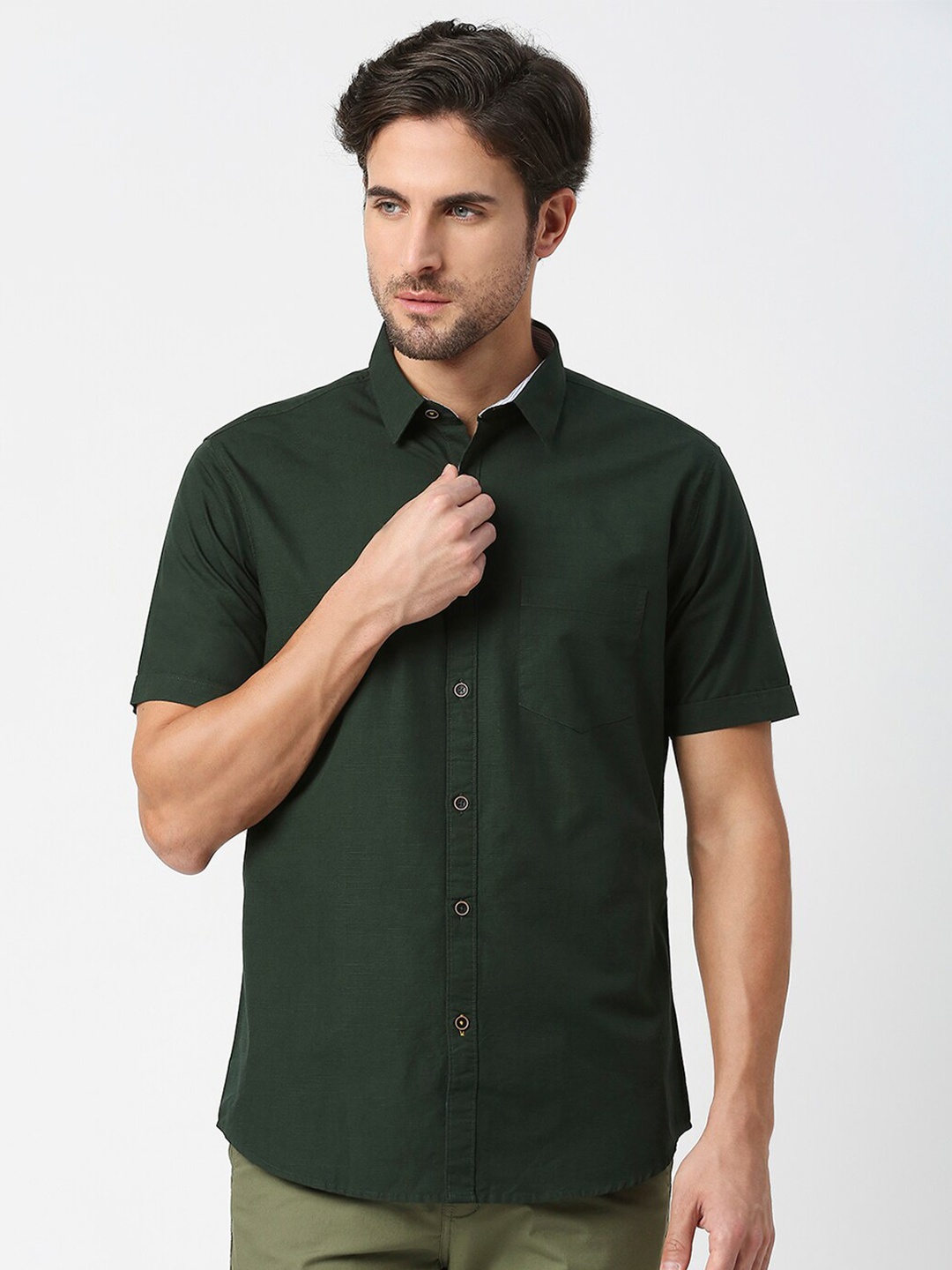 

DRAGON HILL Spread Collar Slim Fit Opaque Casual Cotton Shirt, Green