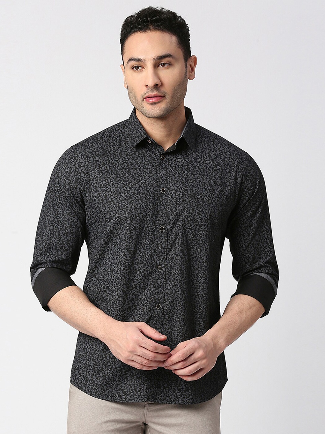 

DRAGON HILL Micro Ditsy Floral Printed Slim Fit Cotton Casual Shirt, Black