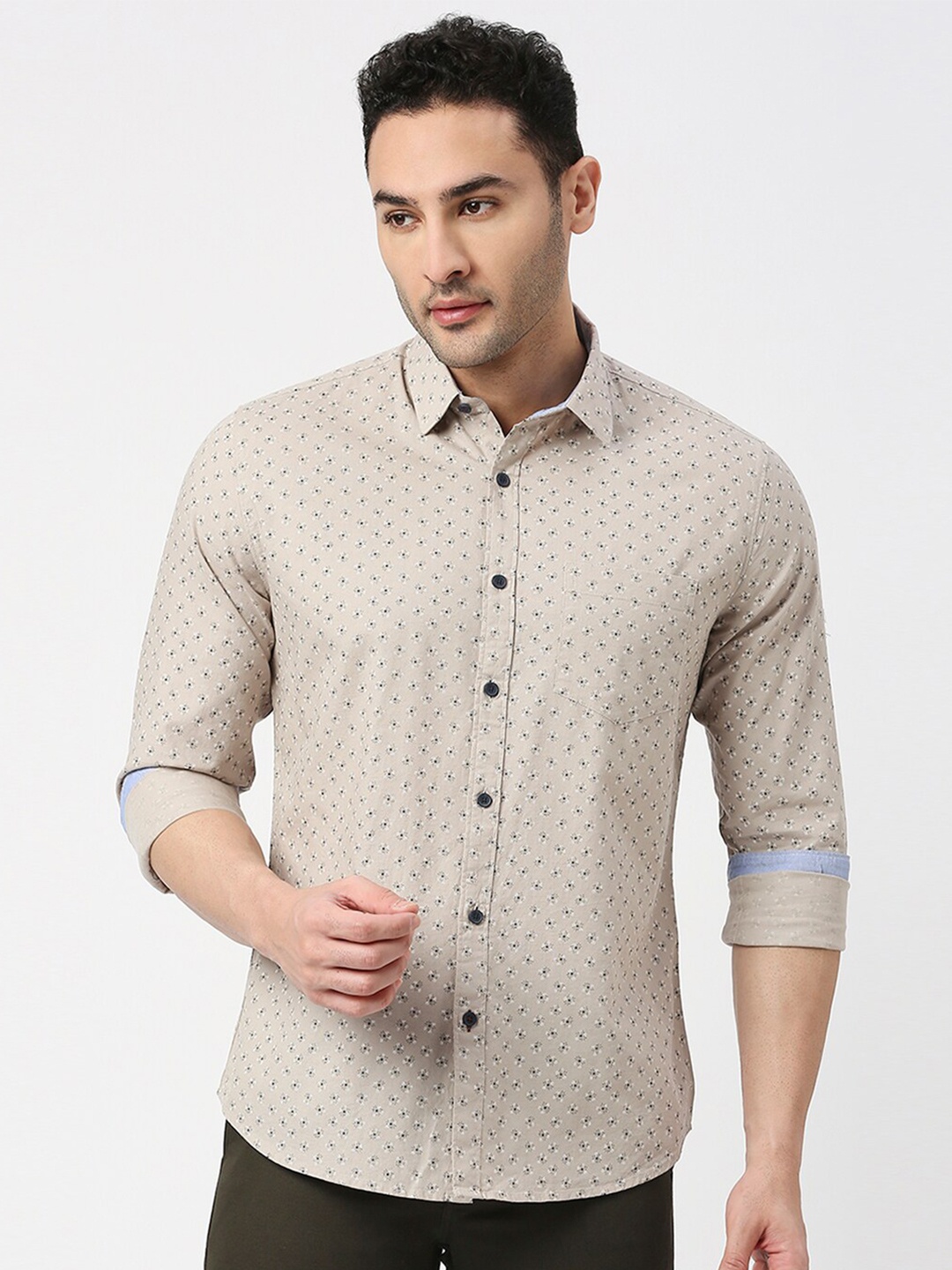 

DRAGON HILL Slim Fit Floral Printed Cotton Casual Shirt, Beige