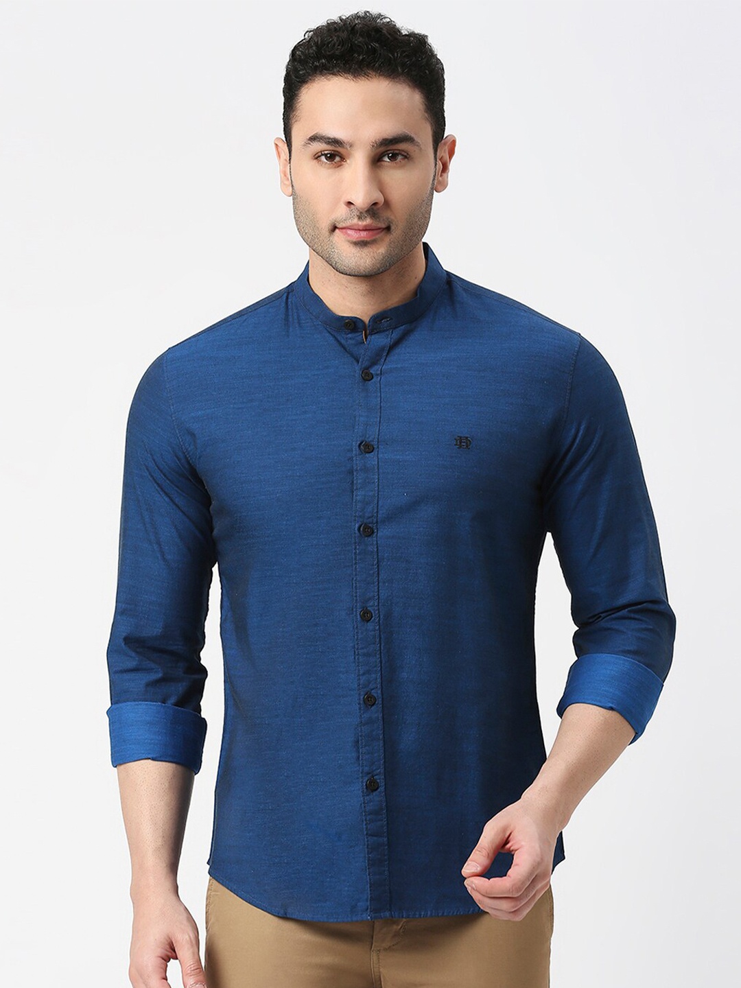 

DRAGON HILL Band Collar Slim Fit Opaque Casual Cotton Shirt, Blue