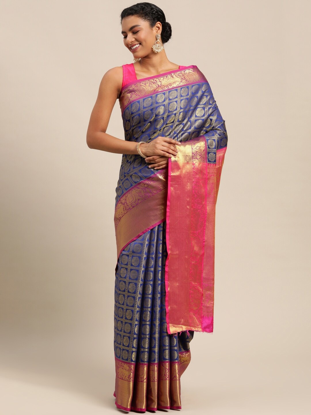 

AVANTIKA FASHION Ethnic Motifs Woven Design Zari Pure Silk Kanjeevaram Saree, Blue