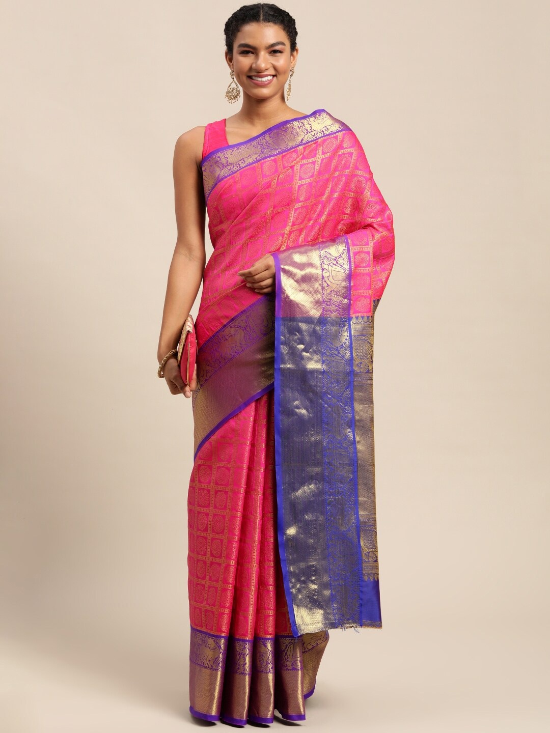 

AVANTIKA FASHION Ethnic Motifs Woven Design Zari Pure Silk Kanjeevaram Saree, Pink