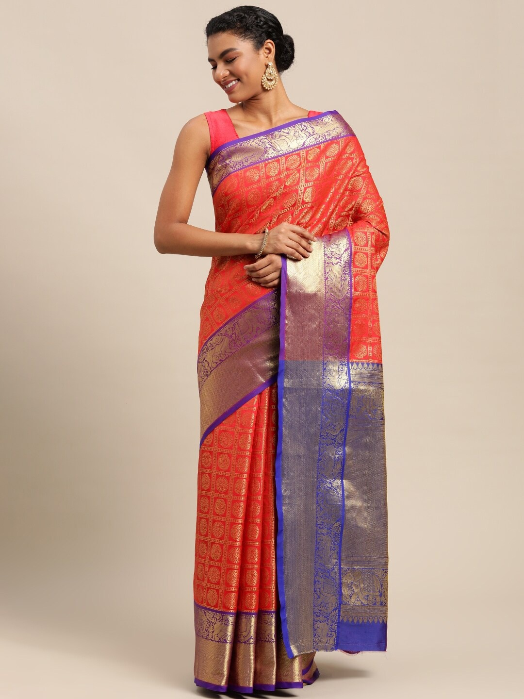

AVANTIKA FASHION Ethnic Motifs Woven Design Zari Pure Silk Kanjeevaram Saree, Red