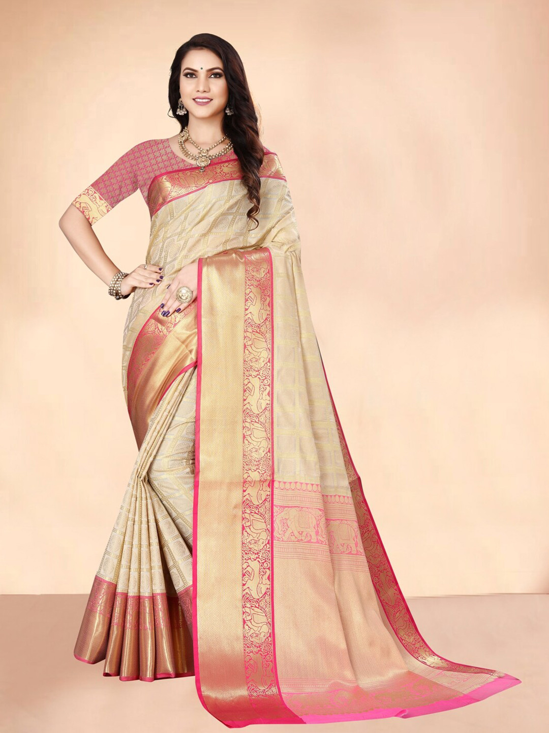 

AVANTIKA FASHION Ethnic Motifs Woven Design Zari Pure Silk Kanjeevaram Saree, White