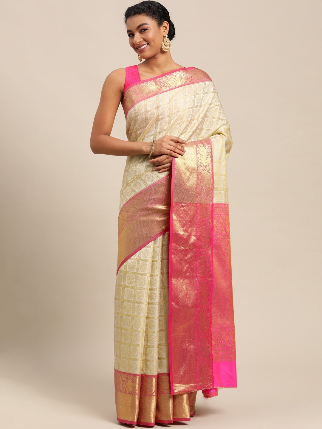 

AVANTIKA FASHION Ethnic Motifs Woven Design Zari Pure Silk Kanjeevaram Saree, White