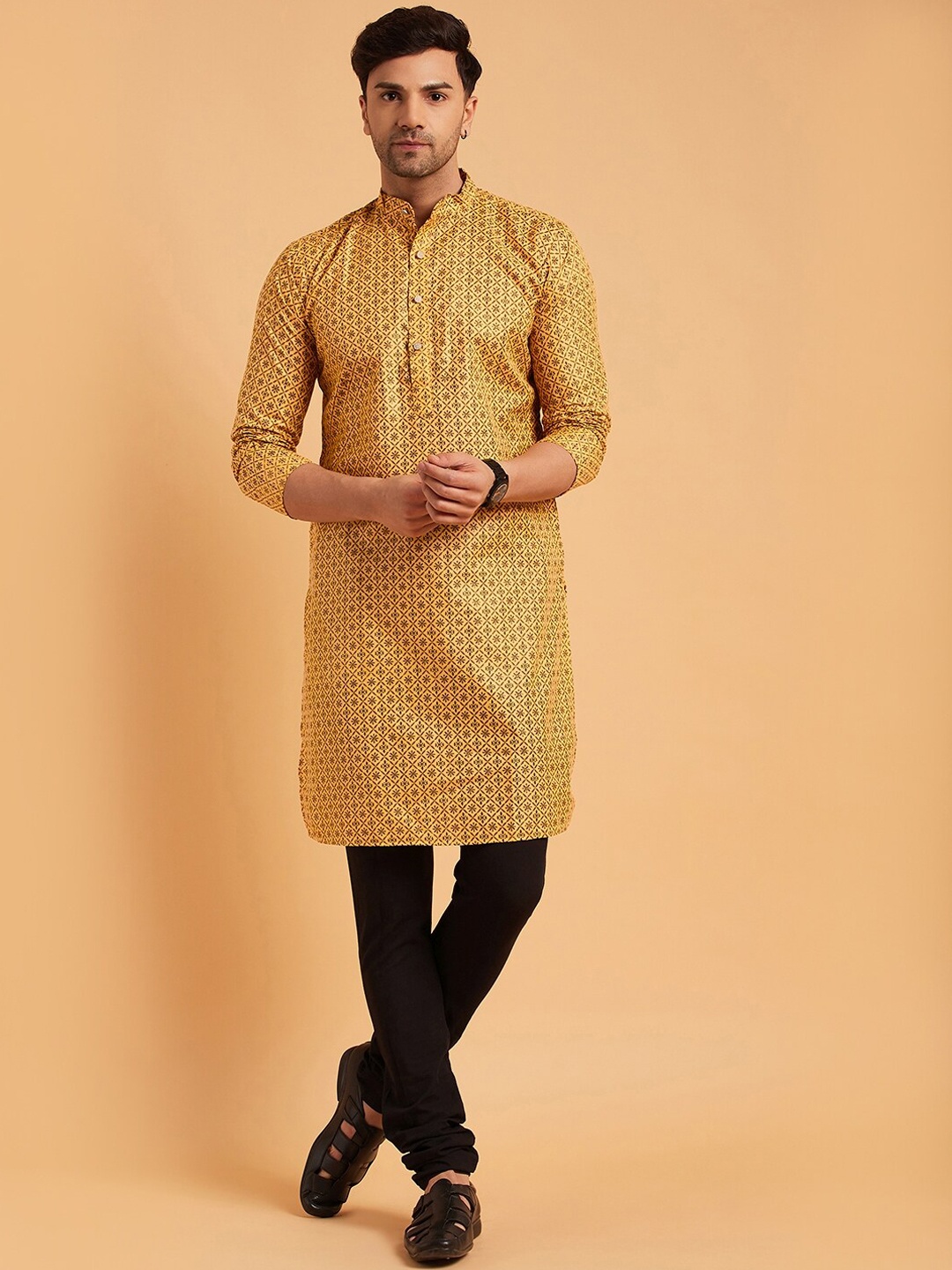 

SOJANYA Mandarin Collar Ethnic Motifs Printed Cotton Linen Kurta, Mustard
