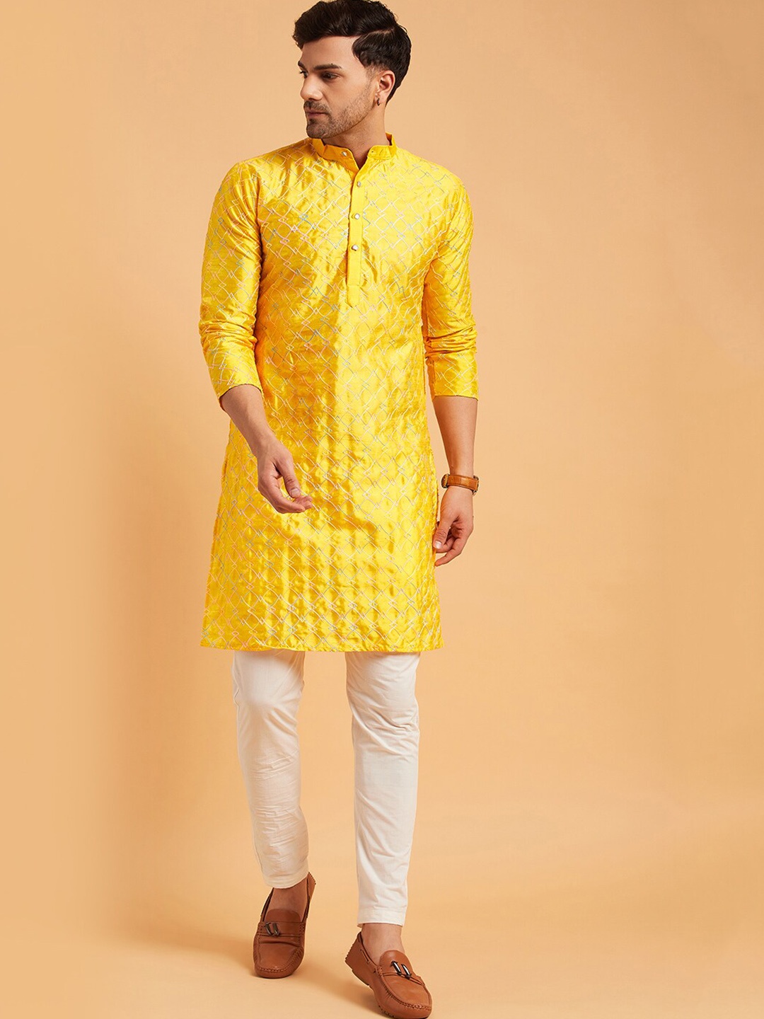 

SOJANYA Mandarin Collar Geometric Embroidered Thread Work Silk Cotton Kurta, Mustard