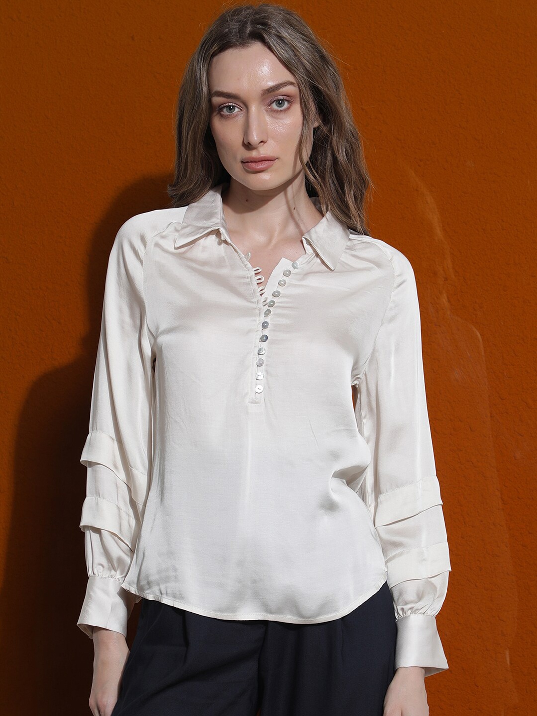 

RAREISM Cuffed Sleeves Shirt Style Top, Beige