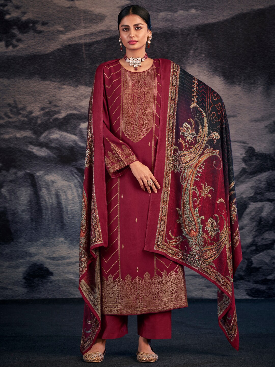 

Stylee LIFESTYLE Ethnic Motifs Woven Design Unstitched Dress Material, Maroon