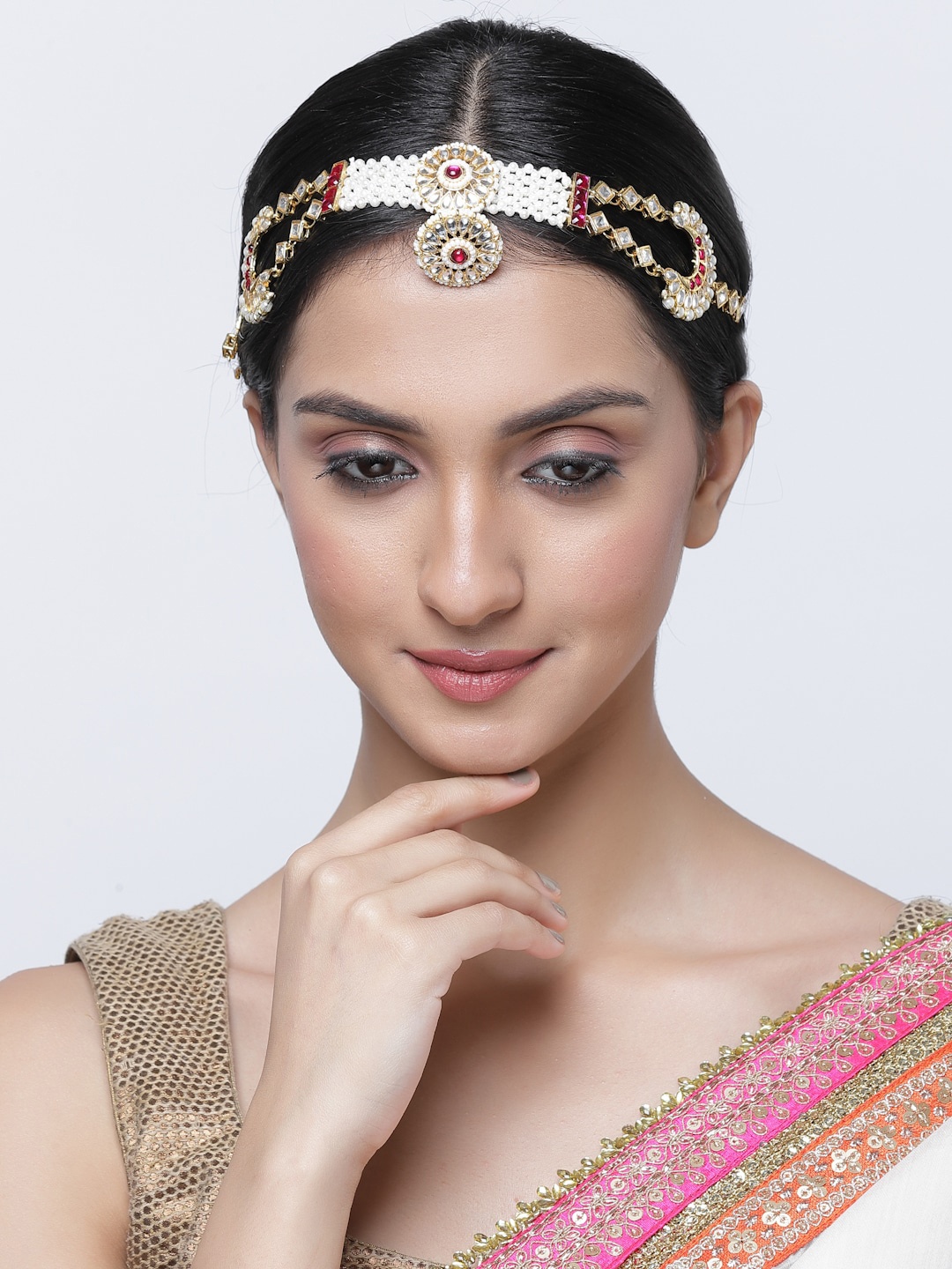 

ZENEME Gold-Plated Stone-Studded & Beaded Mathapatti