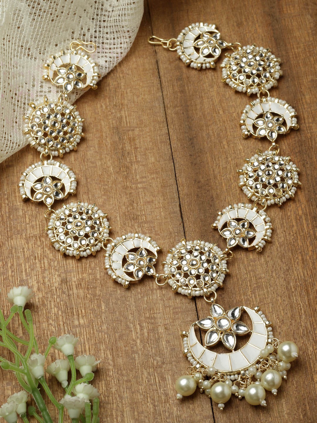 

ZENEME Gold-Plated Crescent Shaped Kundan-Studded Sheeshphool