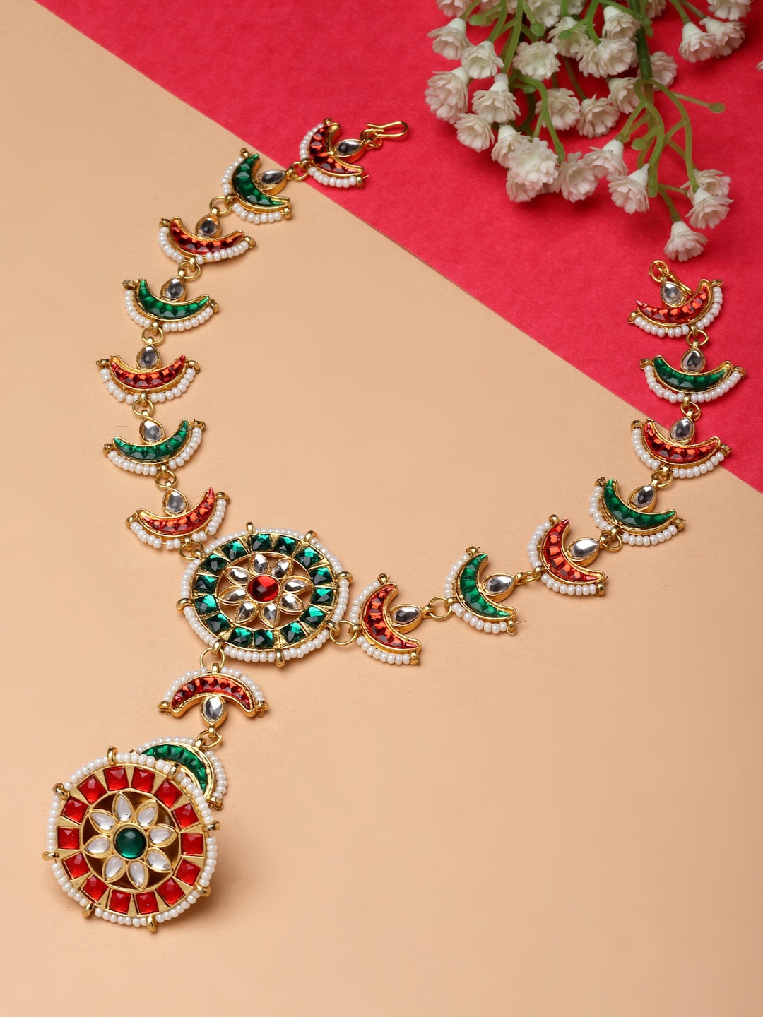 

ZENEME Gold-Plated Stone-Studded & Beaded Borla Style Sheeshphool