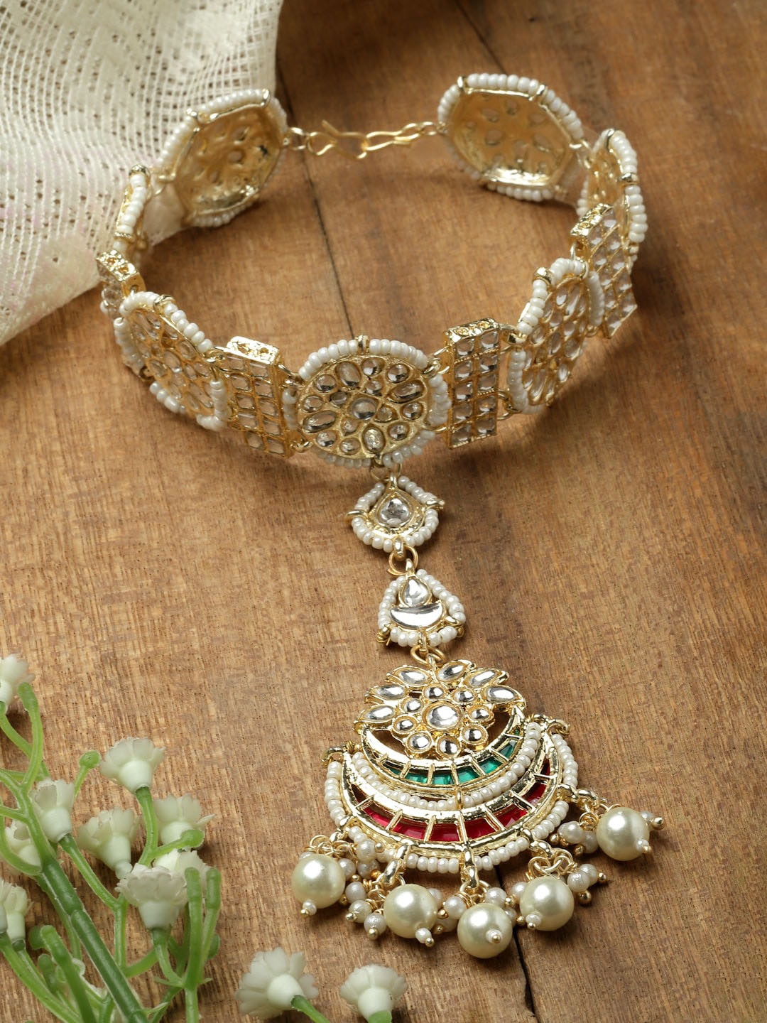 

ZENEME Gold-Plated Kundan-Studded & Vilandi Crescent Shaped Sheeshphool