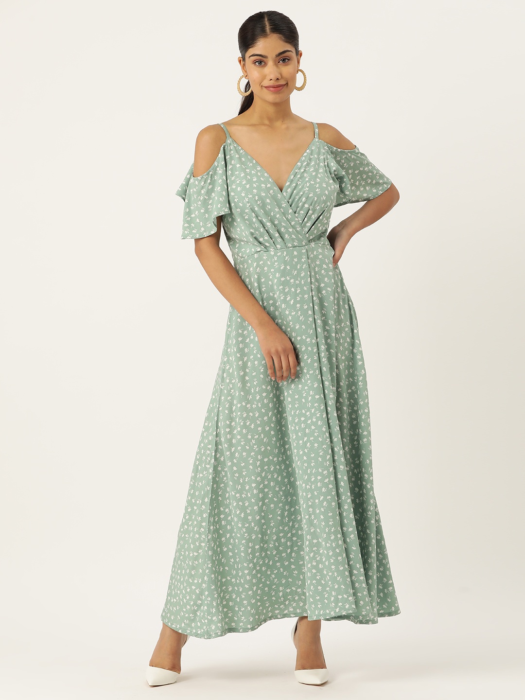 

ZIZO By Namrata Bajaj Floral Printed Cold-Shoulder Crepe Maxi Dress, Green