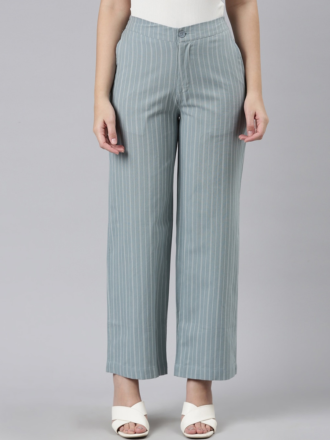 

Go Colors Women Striped Relaxed Linen Trousers, Blue