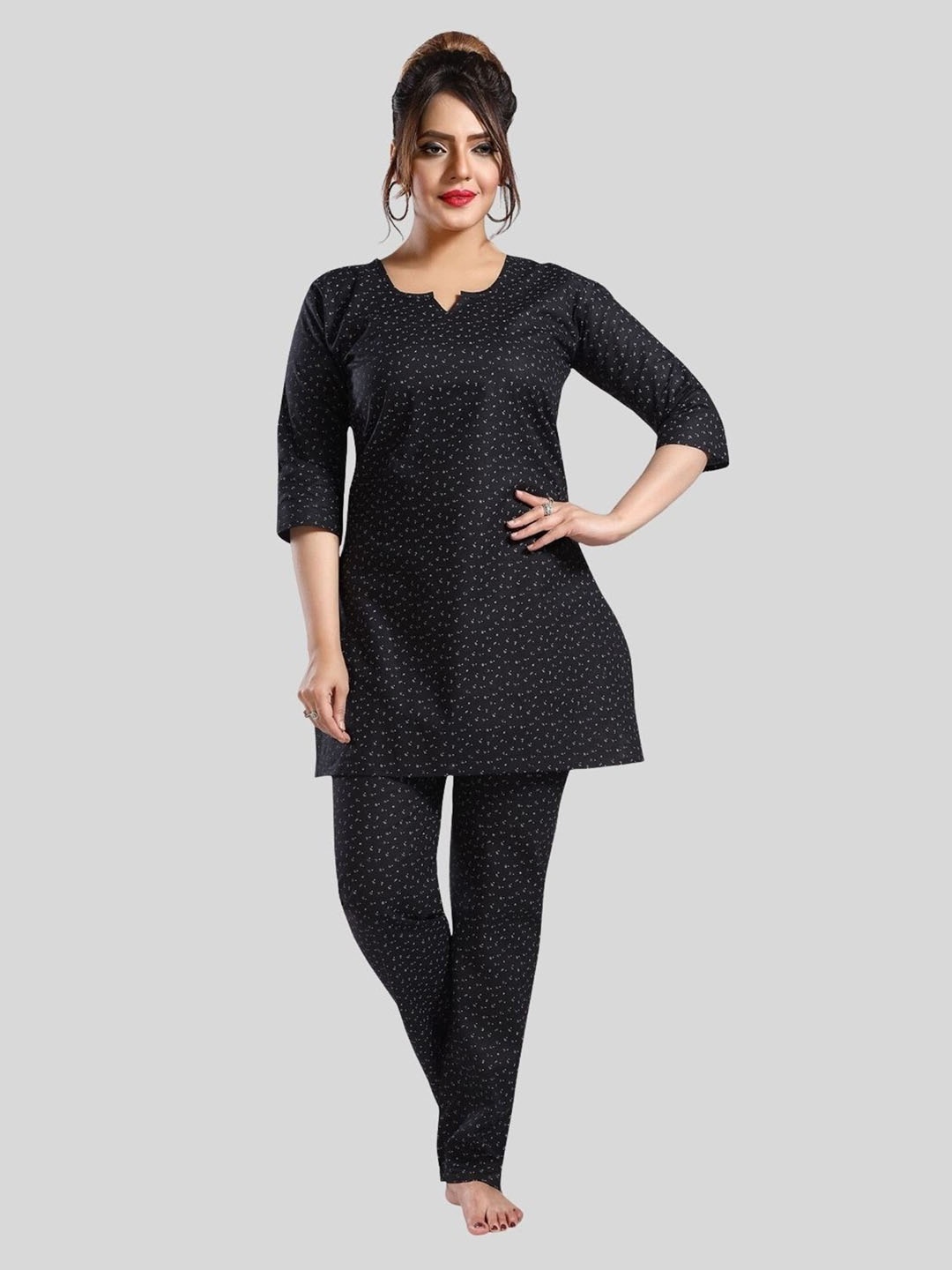 

Fabme Floral Printed Night Suit, Black