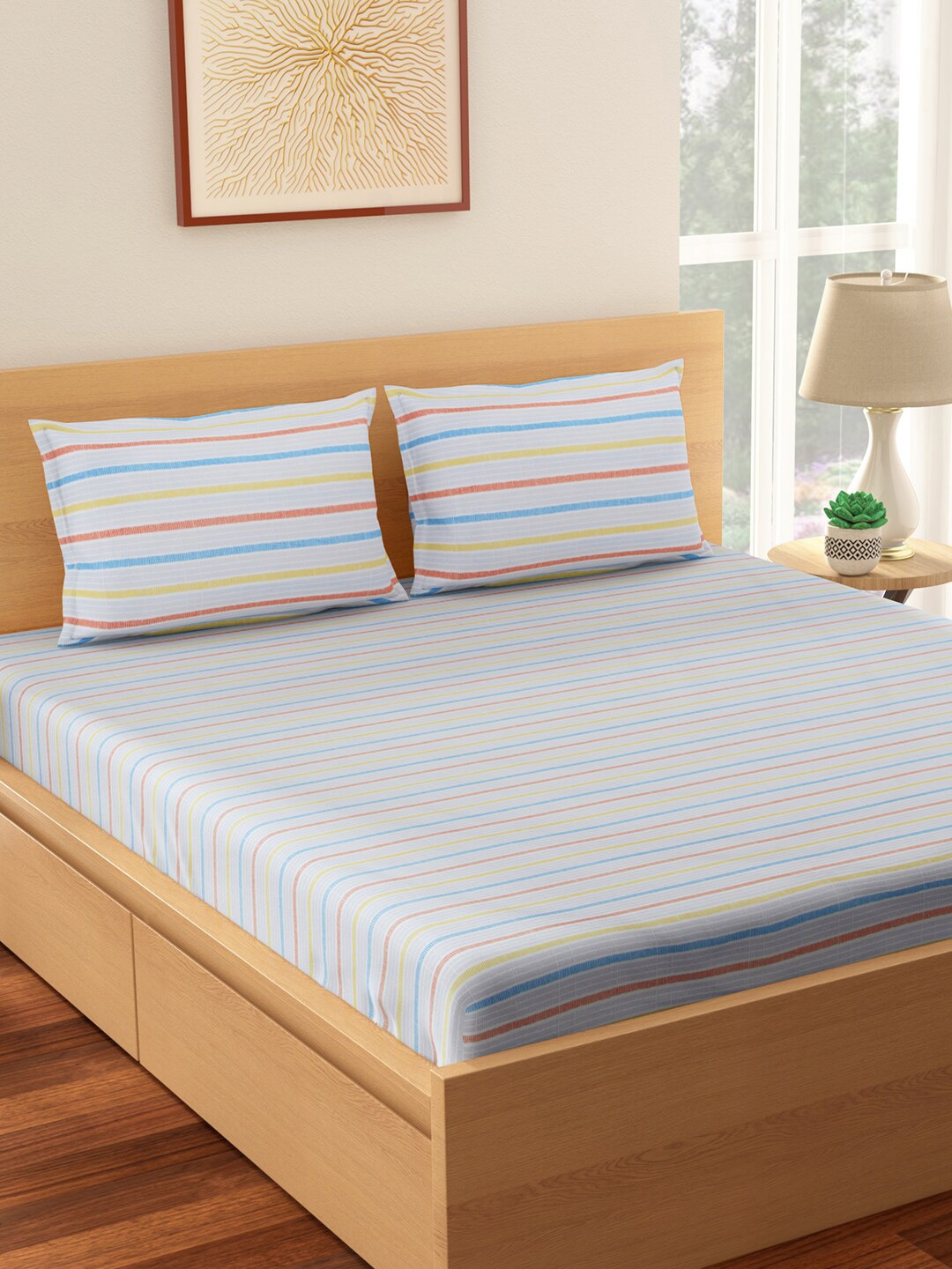

Living scapes by Pantaloons Grey & Blue Striped King Bedsheet & 2 Pillow Covers