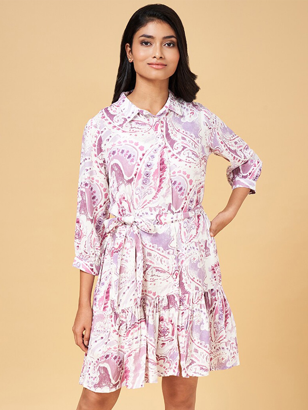 

AKKRITI BY PANTALOONS Floral Printed Shirt Dress With Belt, Purple