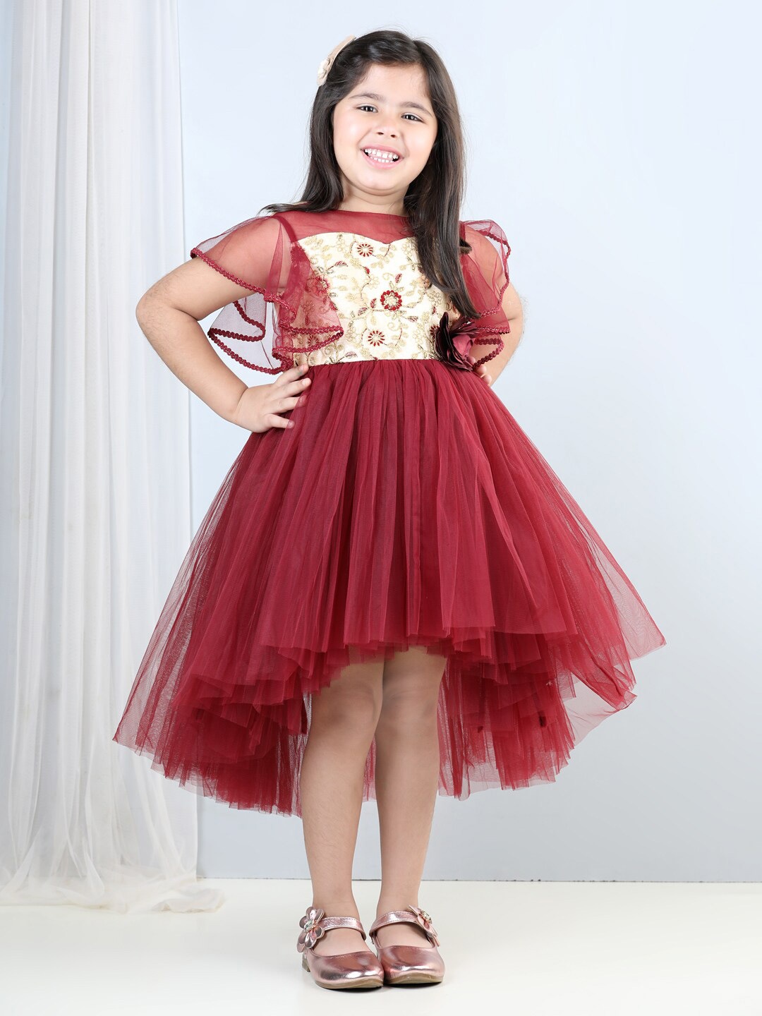 

Toy Balloon kids Maroon Floral Flutter Sleeve Net Fit & Flare Dress