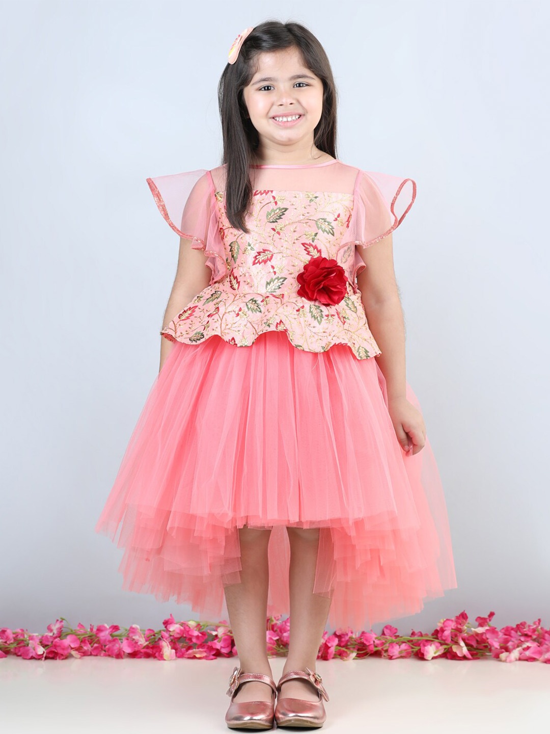 

Toy Balloon kids Pink Flutter Sleeve Net Fit & Flare Midi Dress