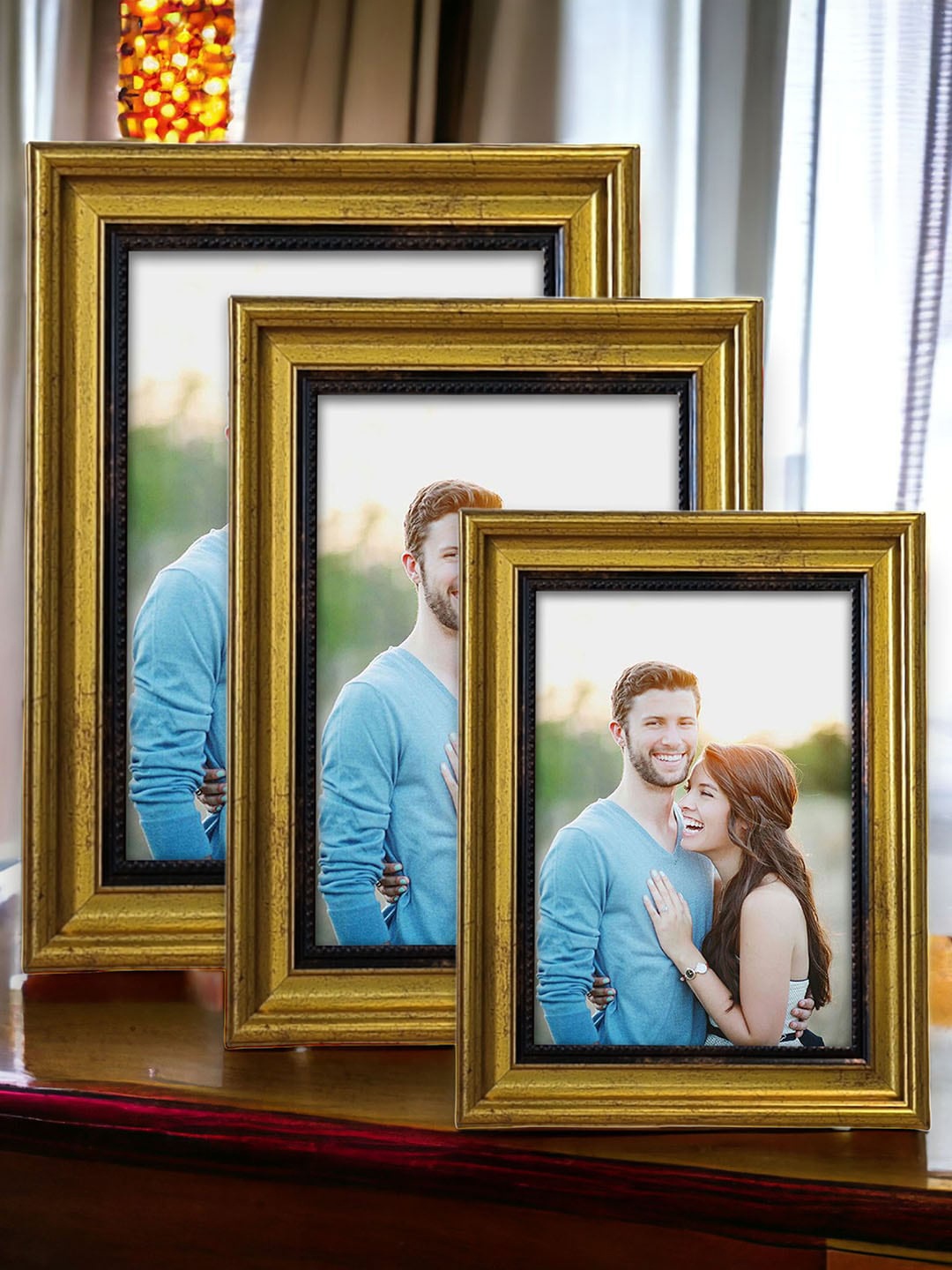 

Art Street Gold-Colored 3 Pieces Textured Wooden Table Photo Frames