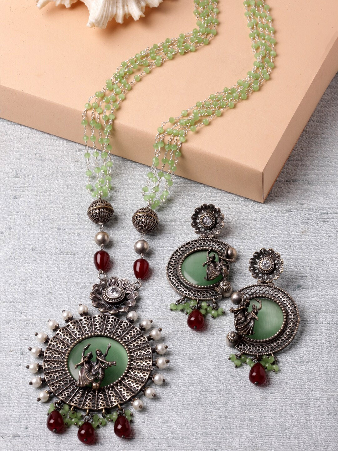 

ZENEME Oxidised Silver-Plated Stone Studded & Beaded Antique Jewellery Set