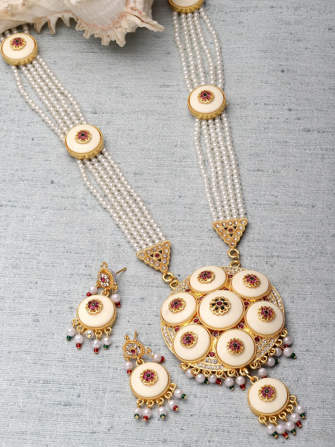 

ZENEME Gold-Plated Kundan Studded & Beaded Meenakari Jewellery Set