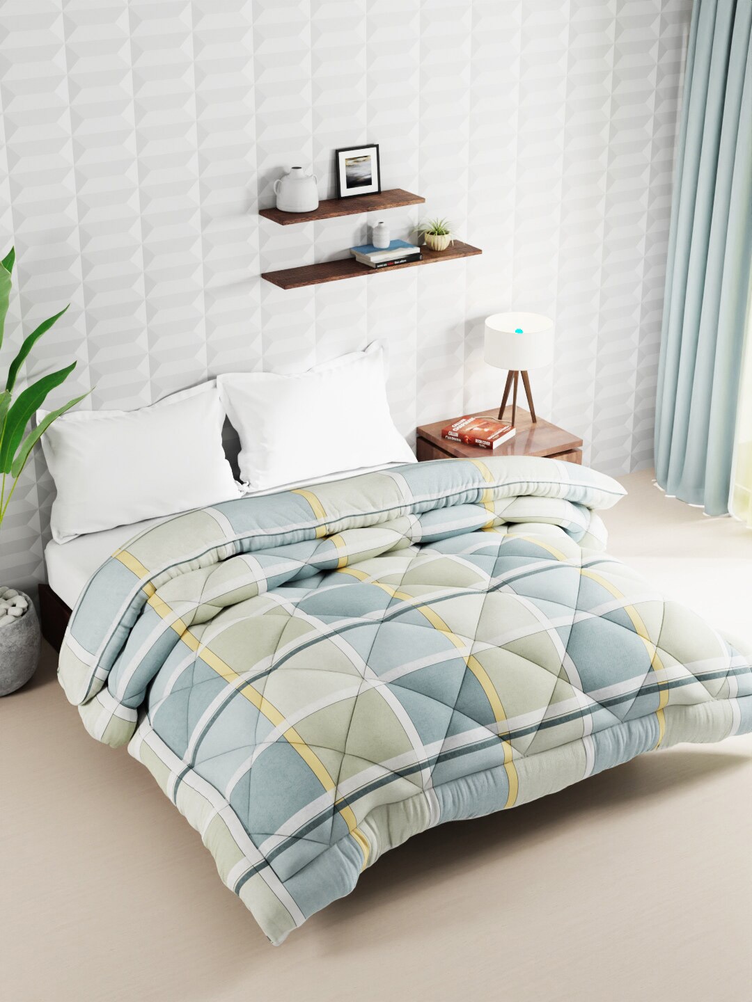 

BIANCA Blue & Green Checked Microfiber AC Room 120 GSM Double Bed Comforter