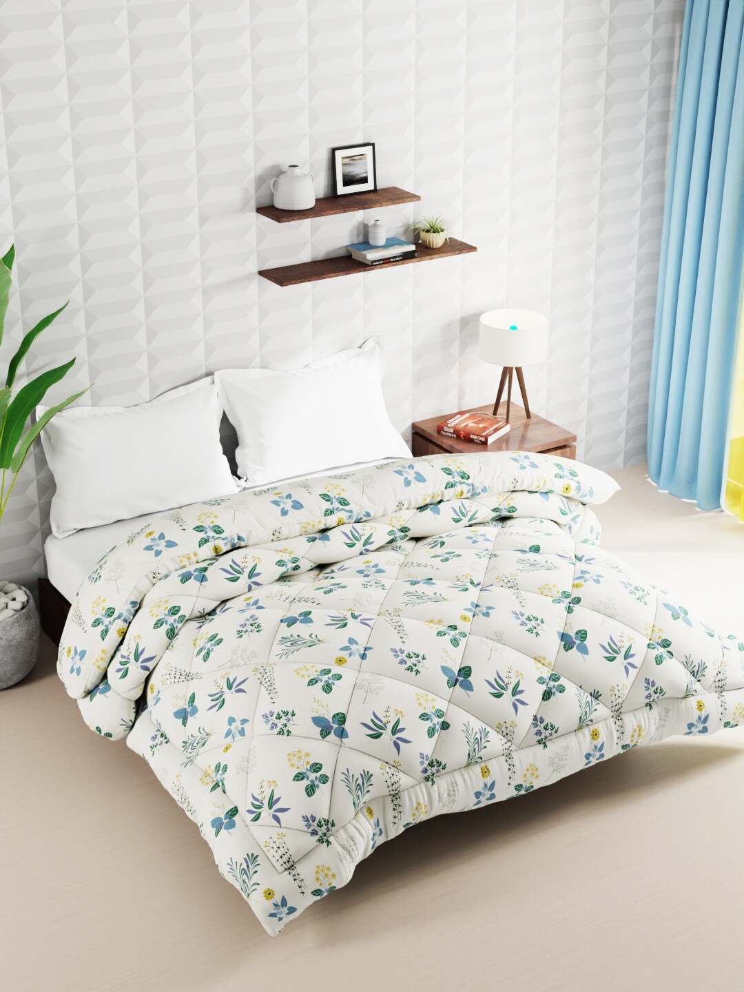 

BIANCA White & Blue Floral Microfiber AC Room 120 GSM Double Bed Comforter