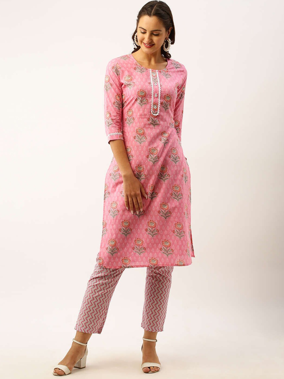 

ZOLA Pink & Off-White Floral Printed Pure Cotton Kurta with Trousers