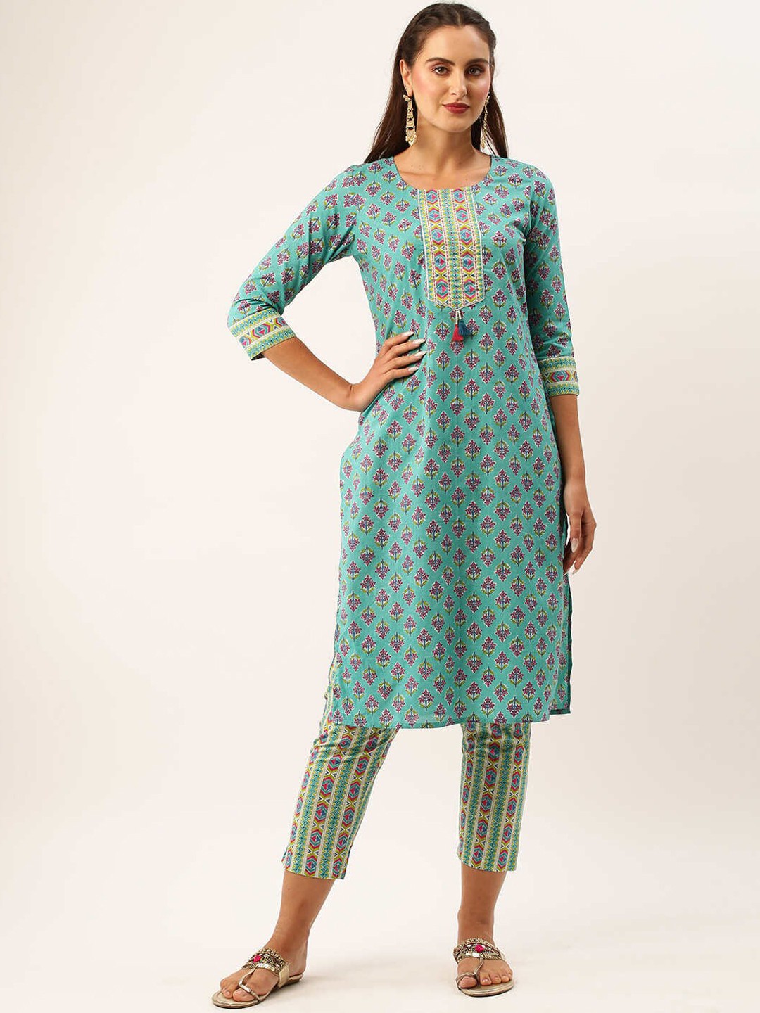 

ZOLA Blue & Purple Floral Printed Pure Cotton Kurta With Trousers